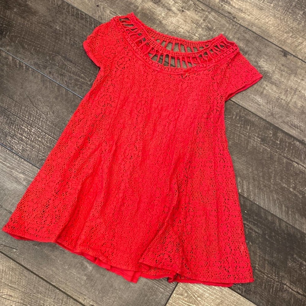 FREE PEOPLE Bright Coral Lace Boho Mini Dress Small
